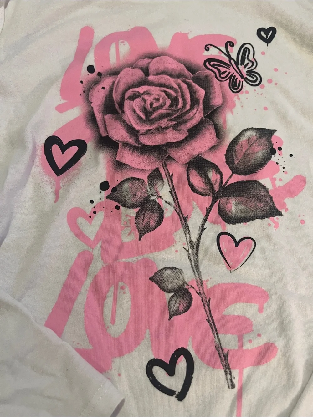 Place White Long Sleeve Tee with Pink Rose and Black Heart Accents